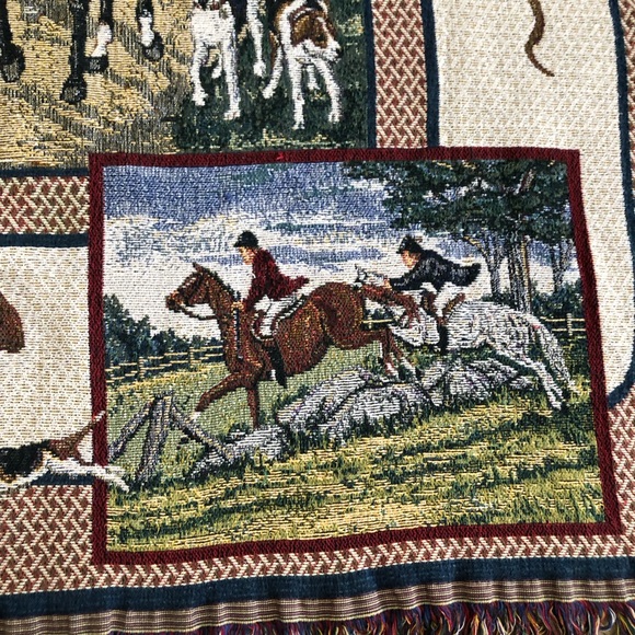 Tapestry Throw Blanket Equestrian Horses Riders Dogs Fox Hunt 48" X 58” - Picture 8 of 9